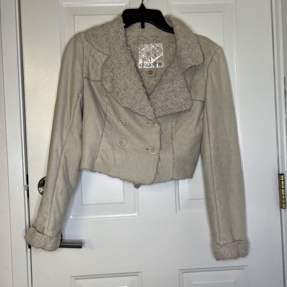 VTG Arden B Faux Suede Jacket Faux Fur Lined 90s Y2K‎ Beige Cropped Moto